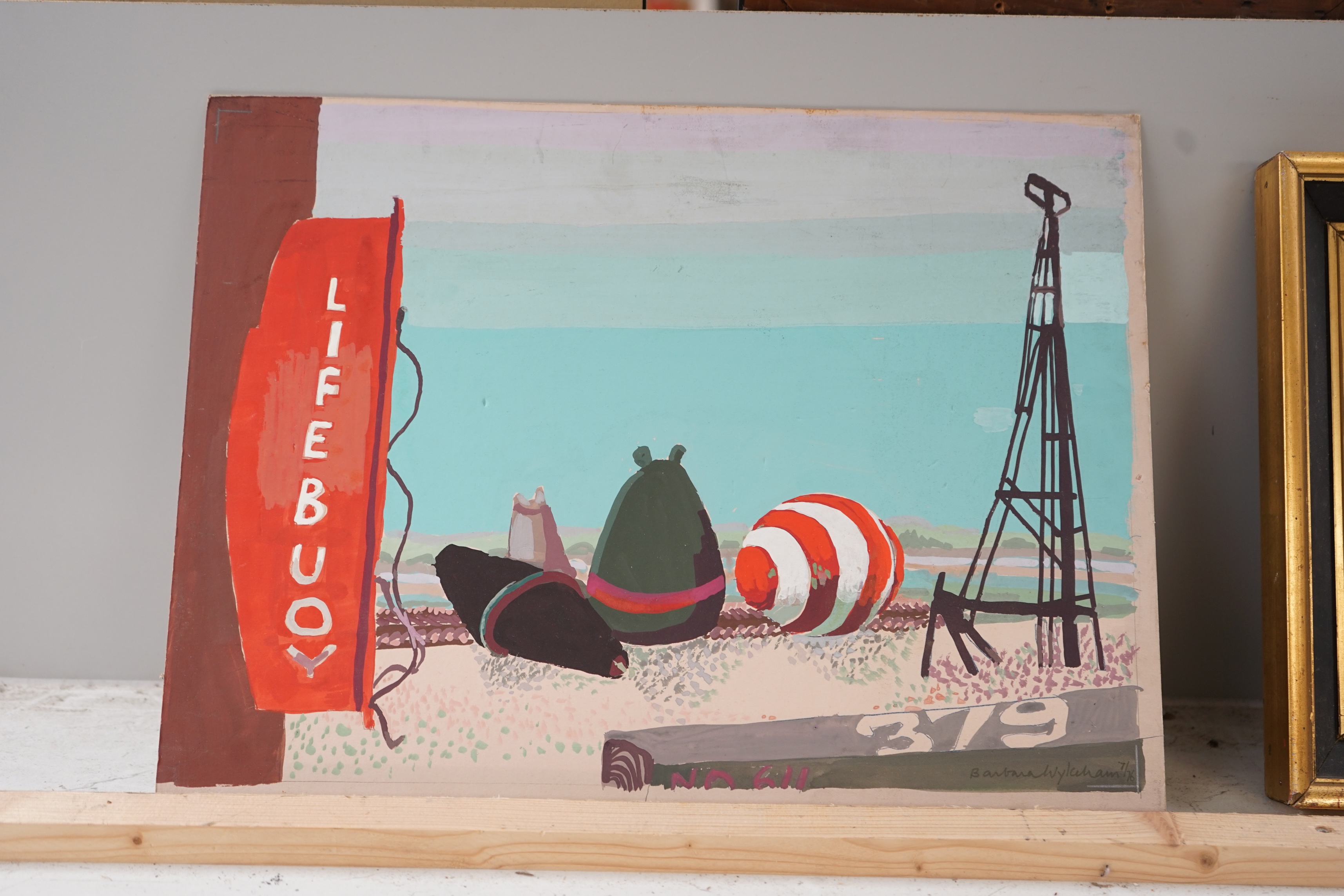 Barbara Wykeham (1923-2006), gouache, Study of lifebuoys, signed, 32 x 43cm, unframed. Condition - fair